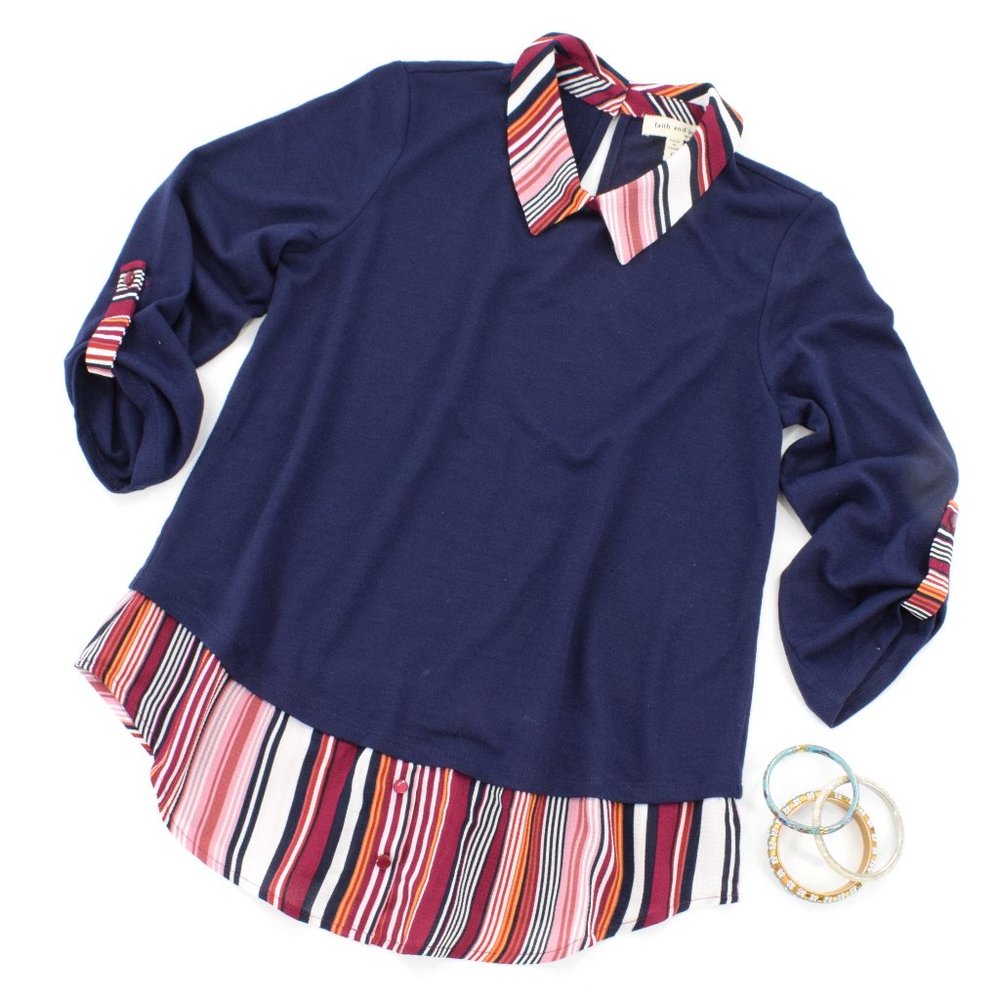 Faith and Joy Navy Top with Stripes S  NWT